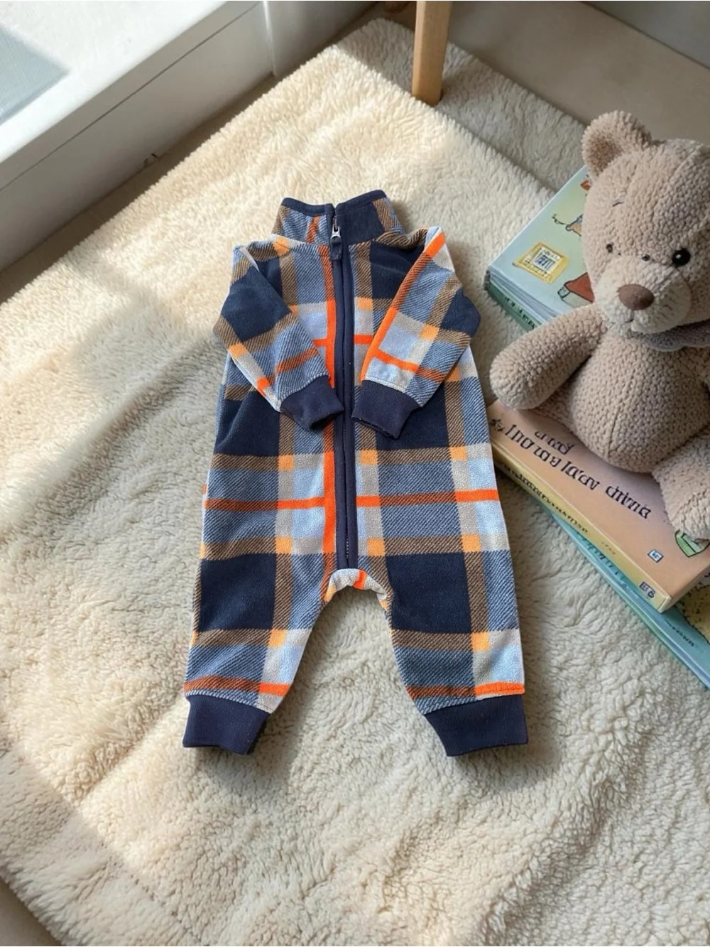 Carter's Baby 2 Pc Set 3M Hooded Forest Print Fleece One-Piece Navy Plaid Bundle